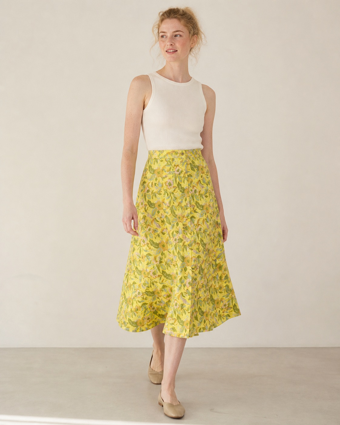 Model wearing Button-Placket Midi Skirt