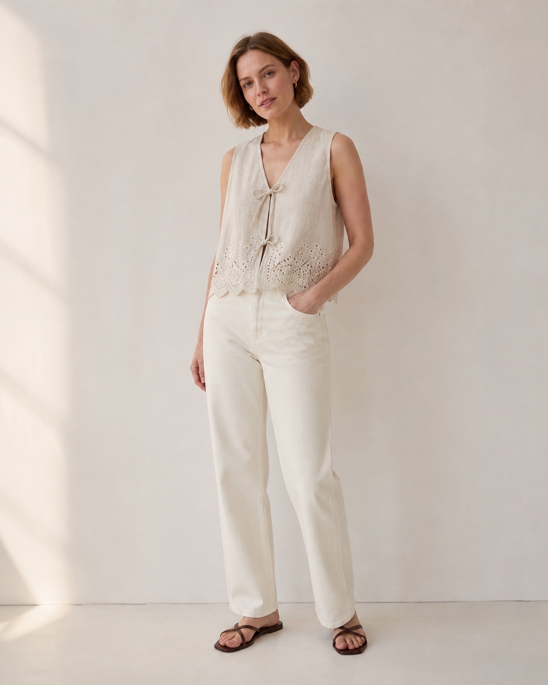 Model wearing Knotted Woven Vest