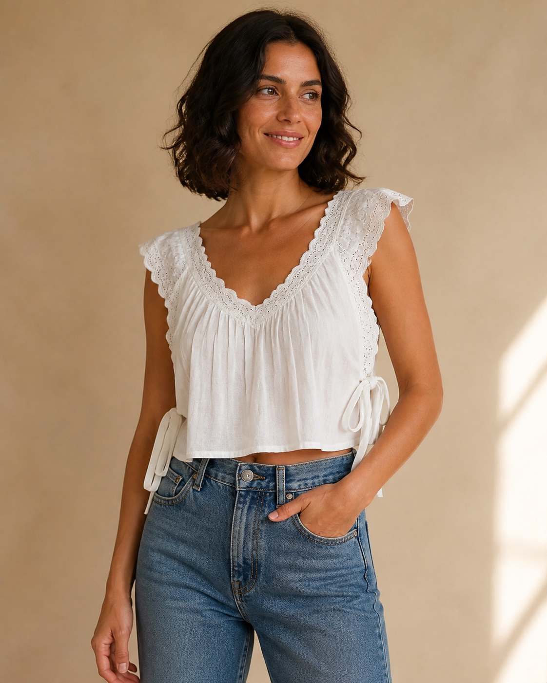 Model wearing Side-Knotted Lace Blouse