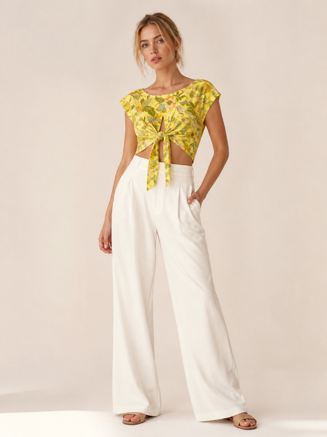 Model wearing Botanical Knotted Top