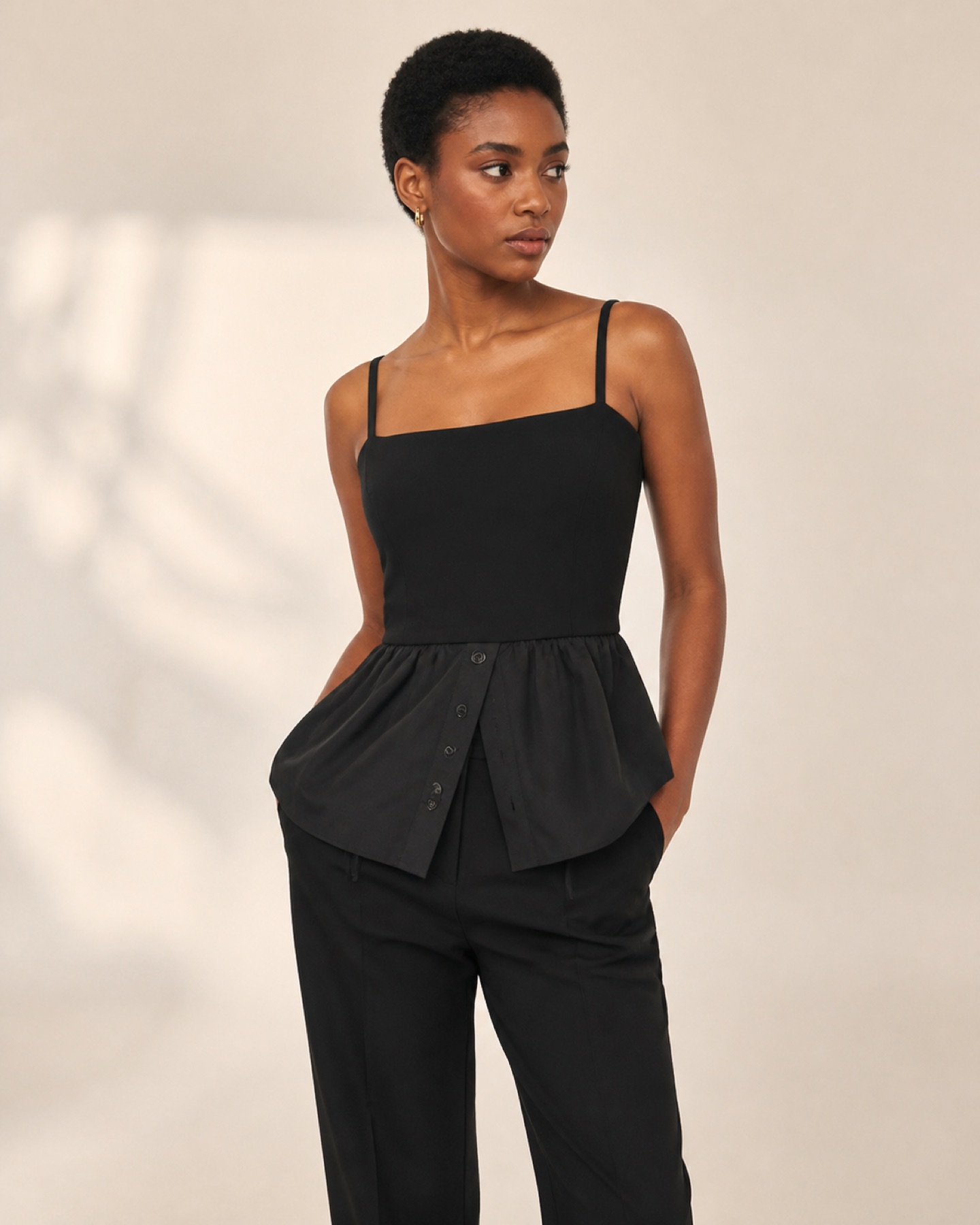 Model wearing Mixed-Panel Camisole Top