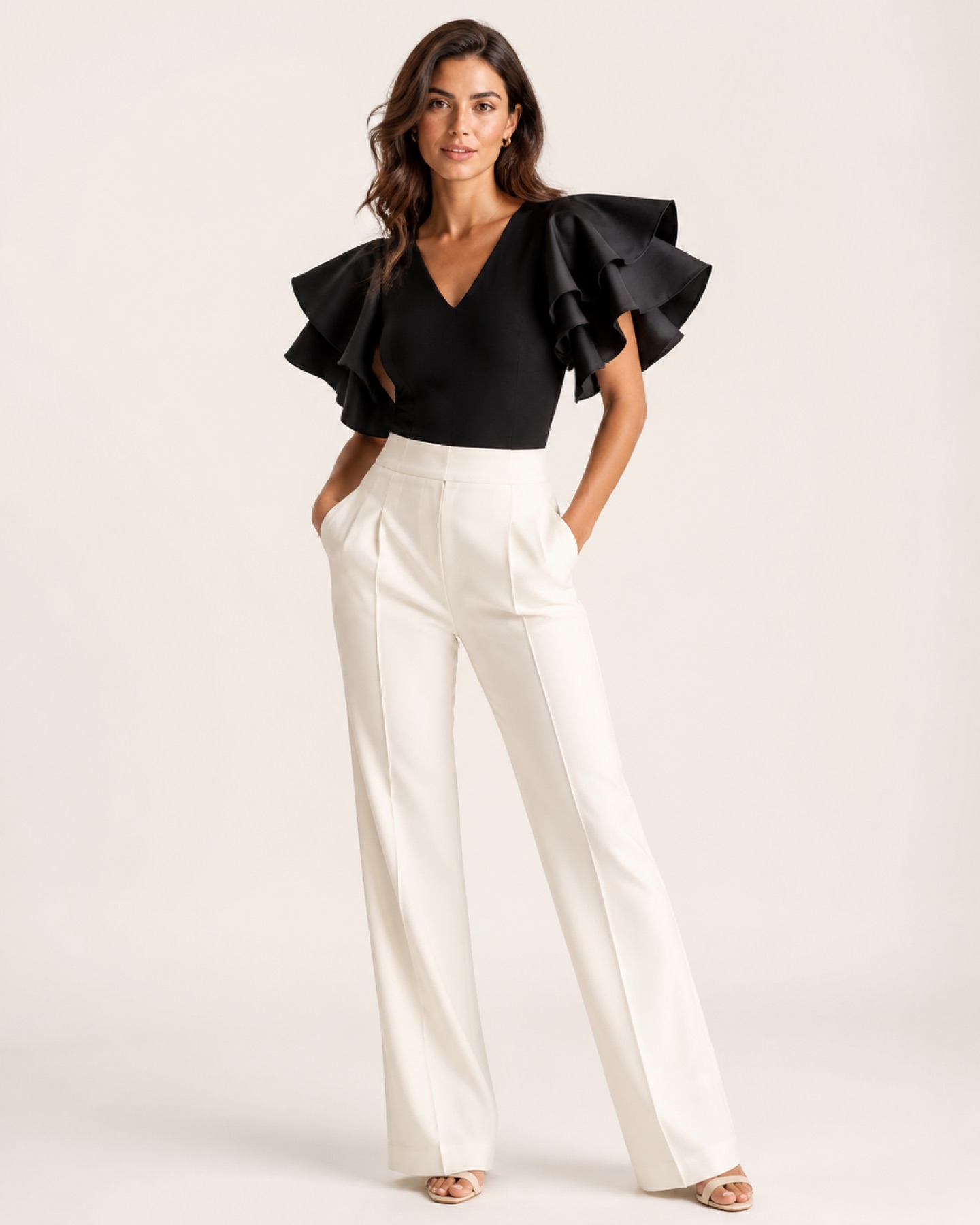 Model wearing Sculptural Ruffled Top