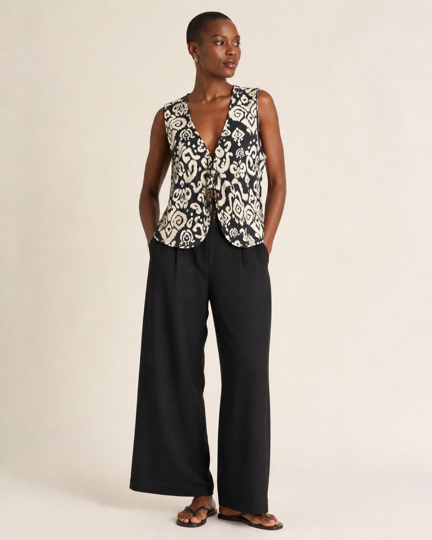 Model wearing Knotted Print Vest