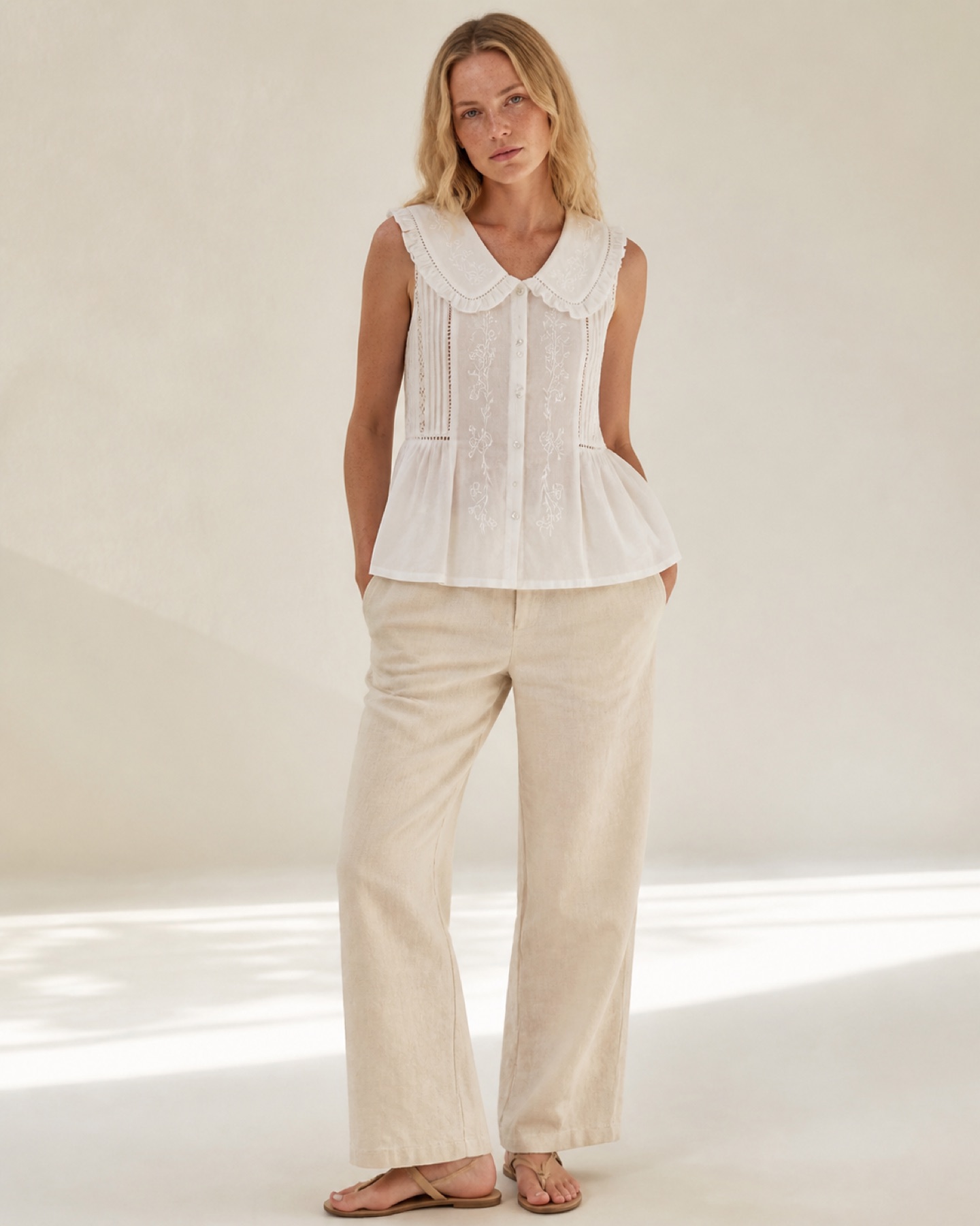 Model wearing Embroidered Collar Top