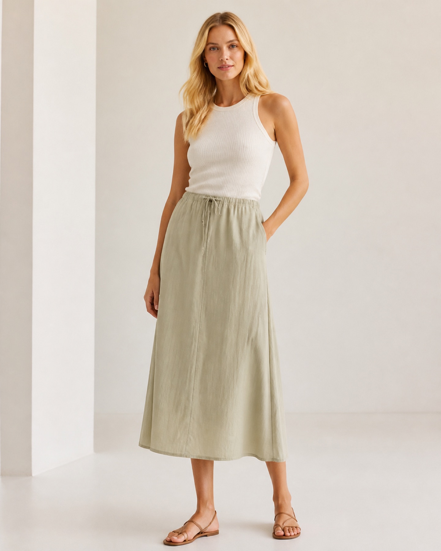 Model wearing Drawcord Midi Skirt