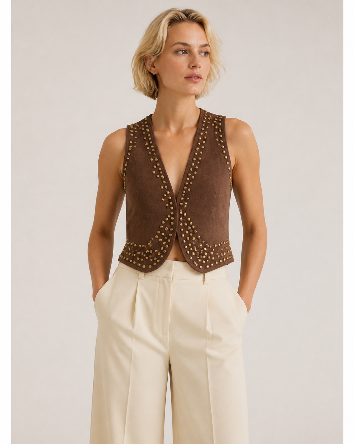 Model wearing Studded Suede-Look Vest