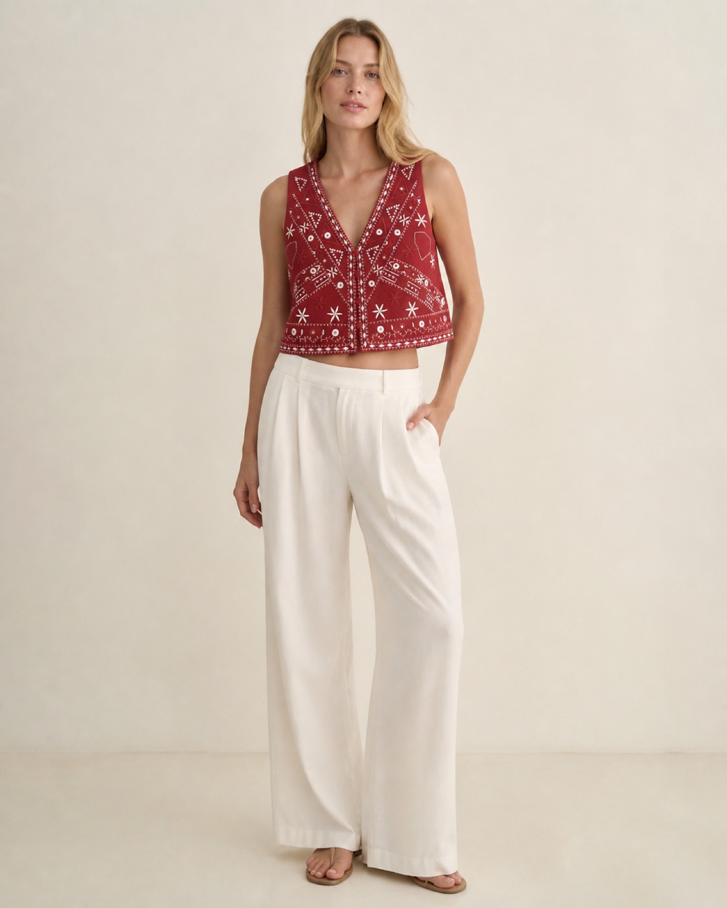 Model wearing Embroidered Button Vest