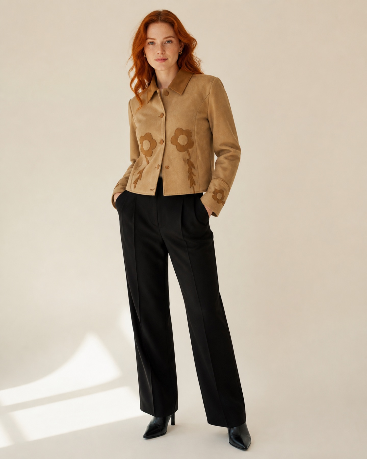 Model wearing Floral Appliqué Jacket