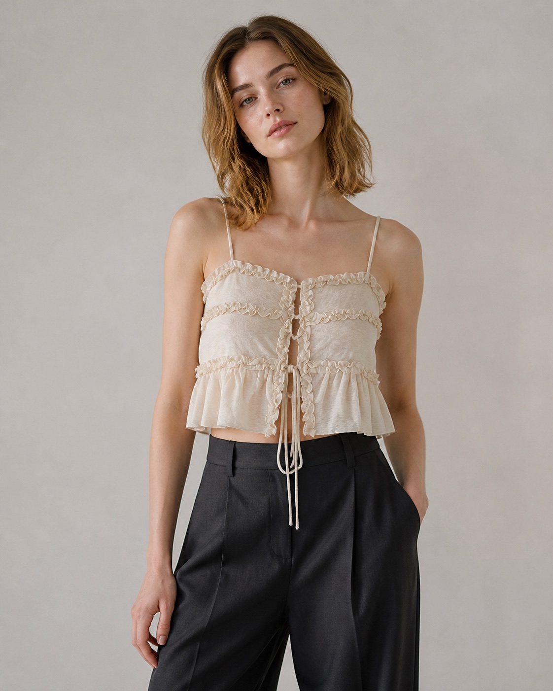 Model wearing Ruffled Crop Top