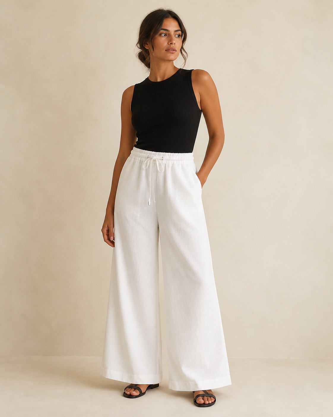 Model wearing Wide-Leg Elastic-Waist Pant